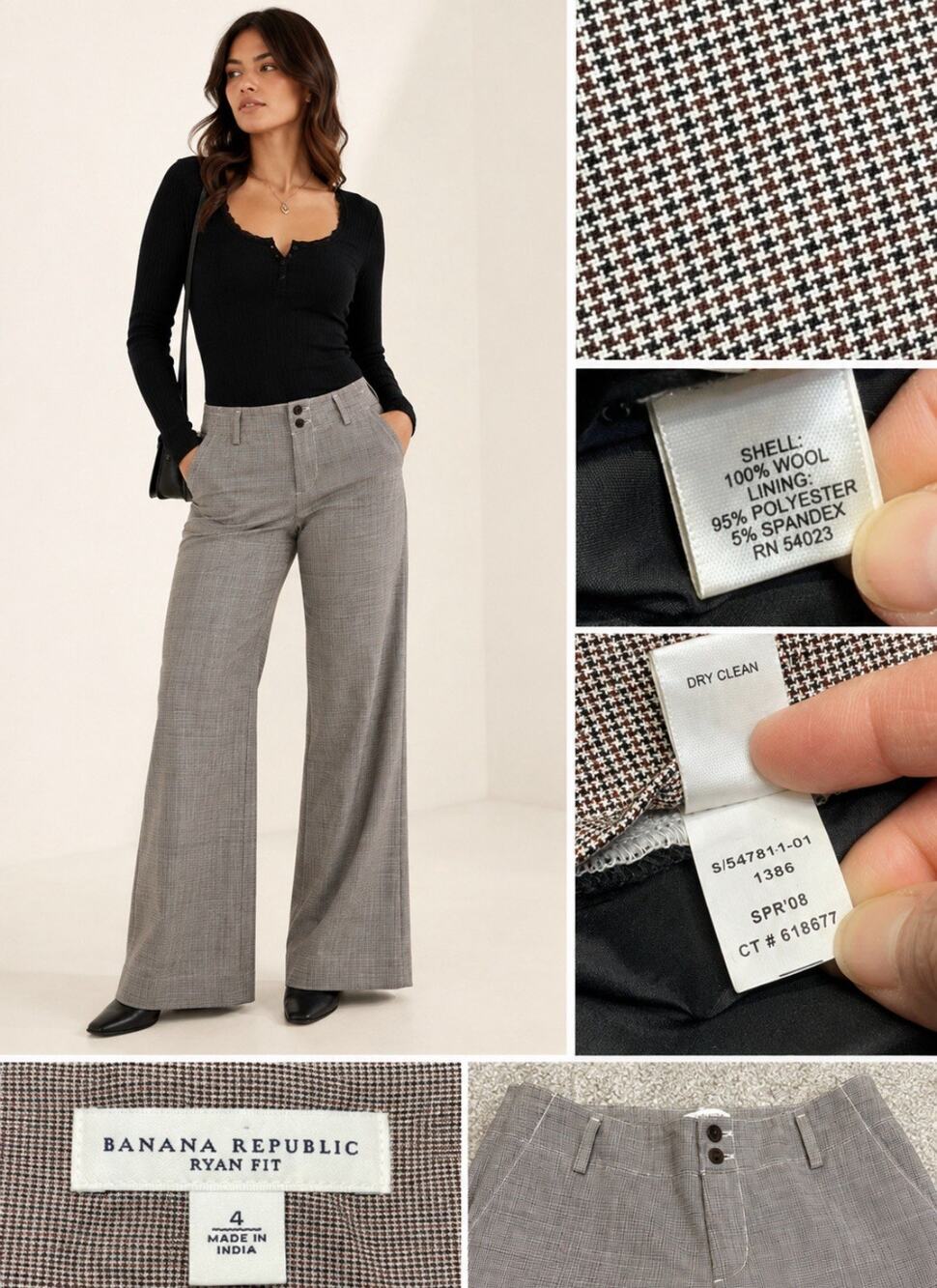 Preppy Career Banana Republic Ryan Fit Wide Leg Trousers Size 4 Houndstooth